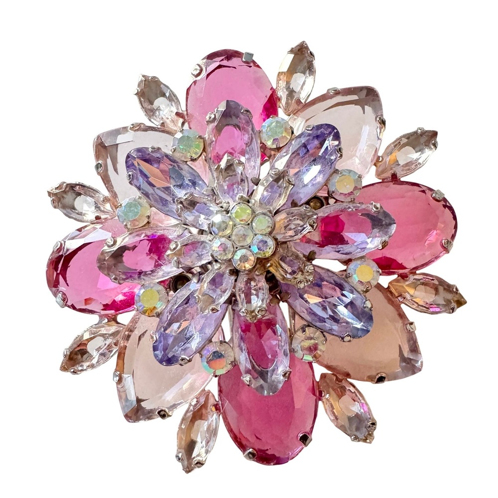 Vintage‎ Statement Scarf Clip Lucite Crystal Pink Purple Aurora Borealis Sparkly